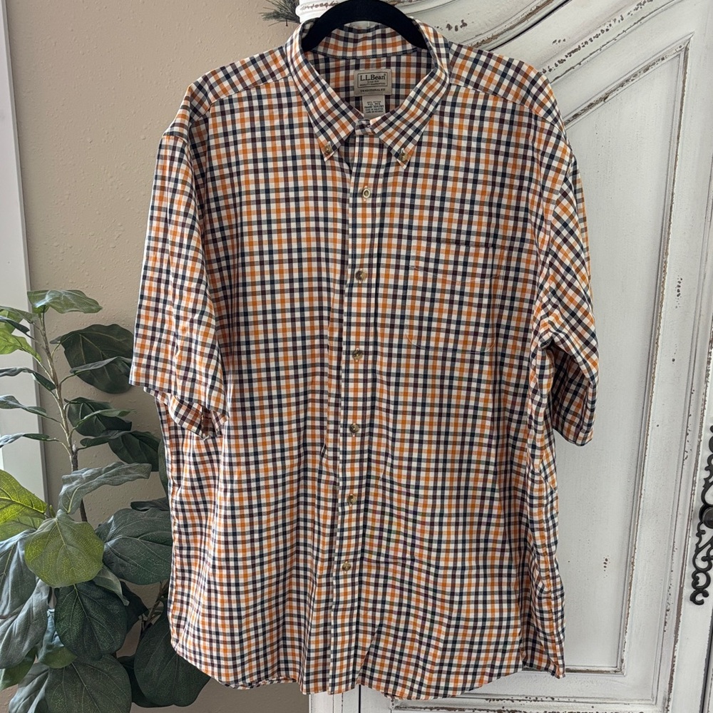 L.L. BEAN Short Sleeve Shirt Men XXL Navy Orange Check Traditional Fit Button Up